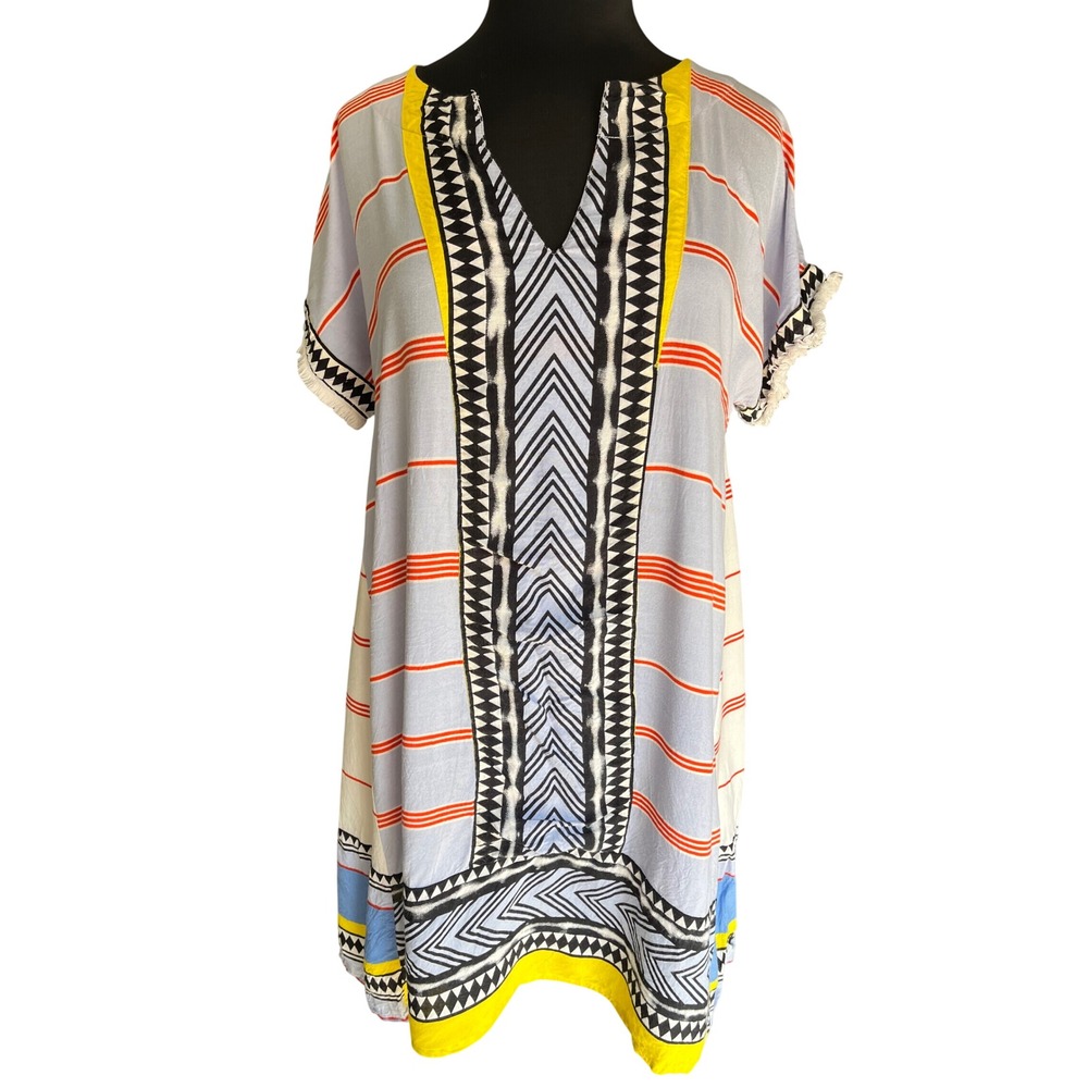 THML Women Blue Geometric Stripe Split Neck Fringed Shift Dress Large